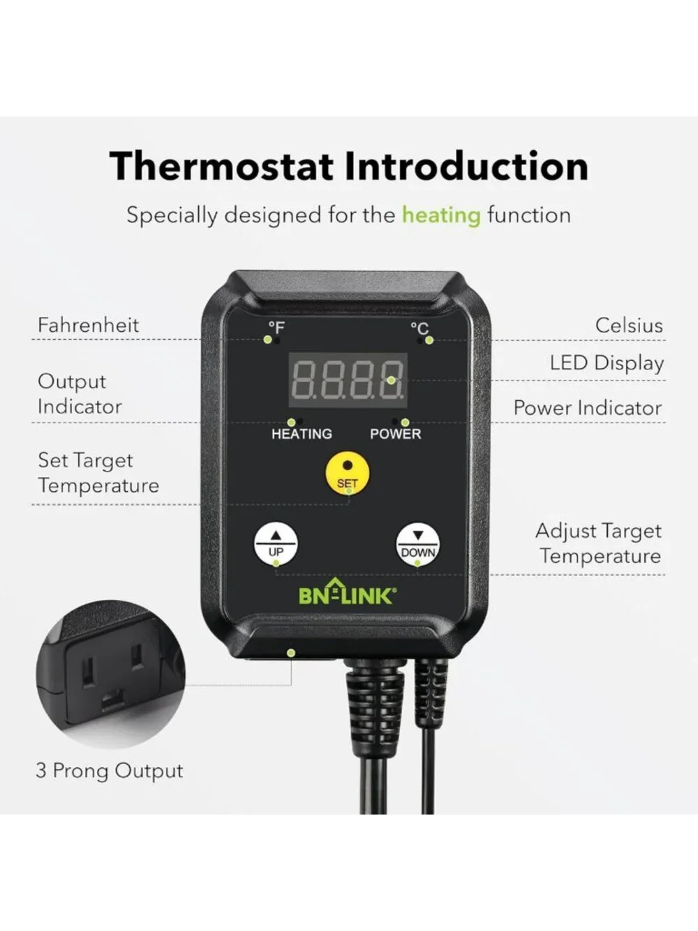 Digital Temperature Controller for Reptiles, Plants & Brewing - 40-108°F, 1000W